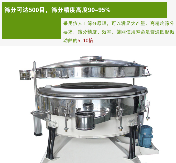 搖擺篩分機采用仿人工篩分原理，可以滿足大產量、高精度篩分 要求，篩分精度、效率、篩網使用壽命是普通圓形振 動篩的5-10倍