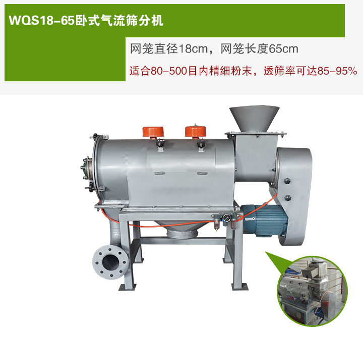 WQS18-65臥式氣流篩分機(jī)網(wǎng)籠直徑為18cm，網(wǎng)籠長(zhǎng)度為65cm